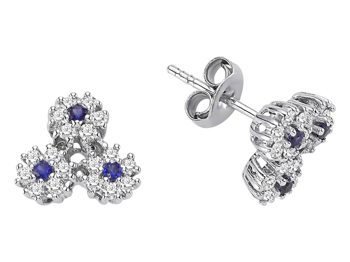 Diamond and sapphire Tria earrings in 14-carat white gold