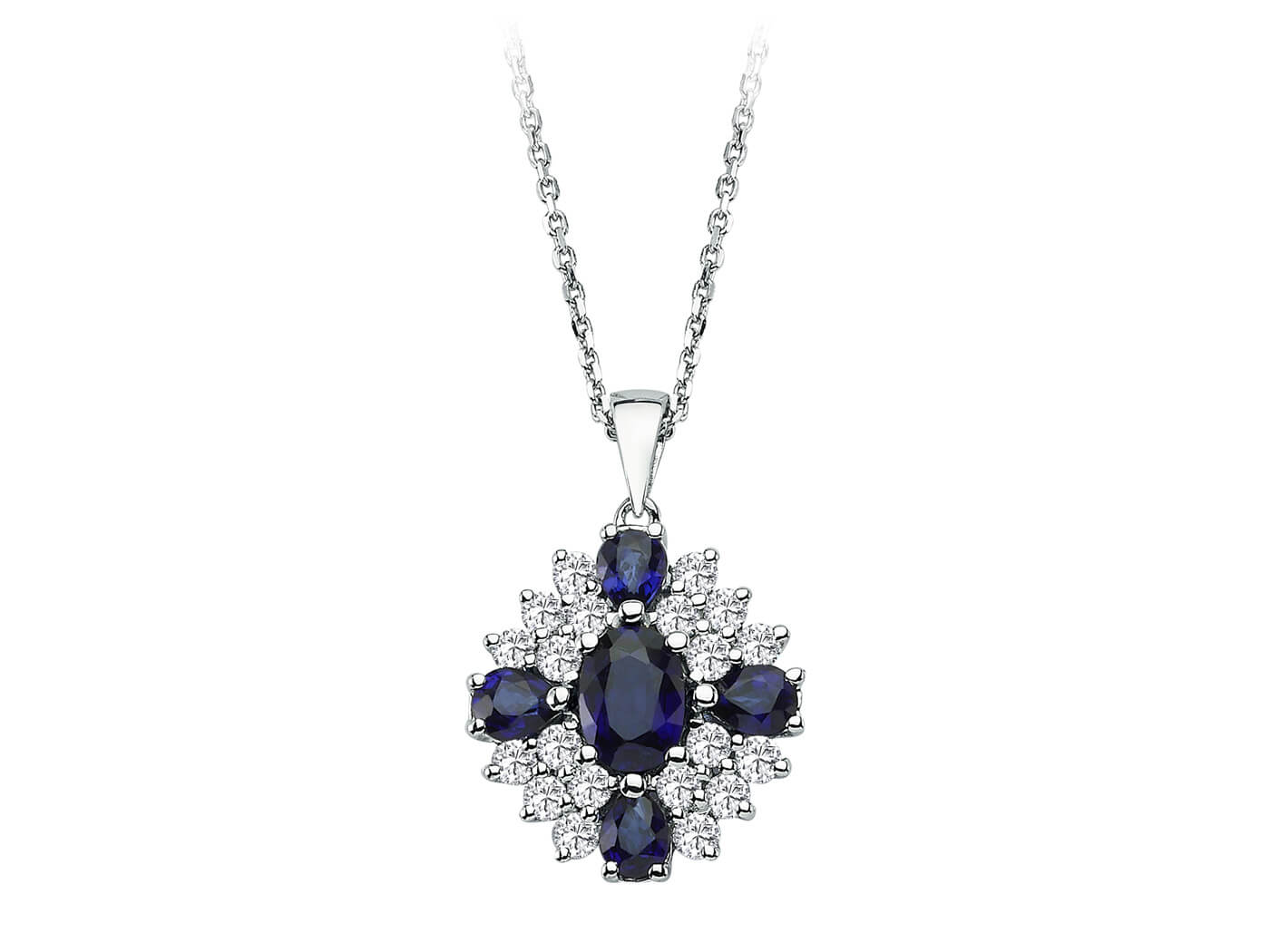 Diamond and sapphire necklace in 14 K white gold