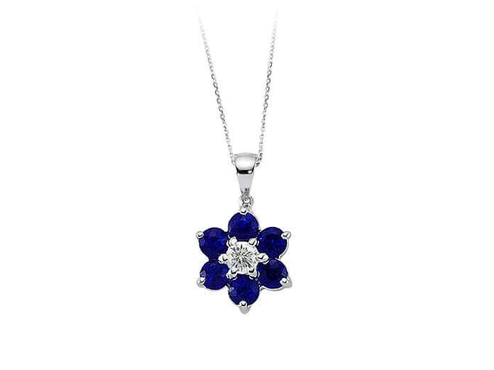 Diamant und Saphir Gänseblümchen Collier in 333er 8 Karat Weißgold - handgefertigter Diamantschmuck aus Feingold | Sirius Diamant