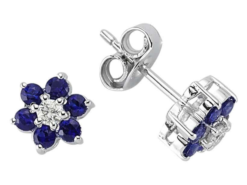 Diamant und Saphir Gänseblümchen Ohrringe in 333er 8k Weißgold - handgefertigter Diamantschmuck aus Feingold | Sirius Diamant