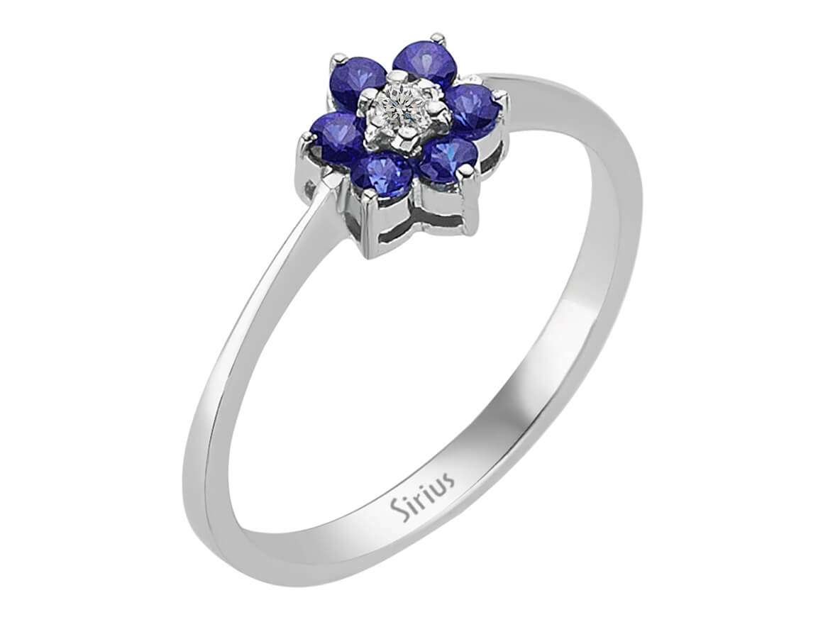 Diamant und Saphir Gänseblümchen Ring in 333er 8 Karat Weißgold - handgefertigter Diamantschmuck aus Feingold | Sirius Diamant