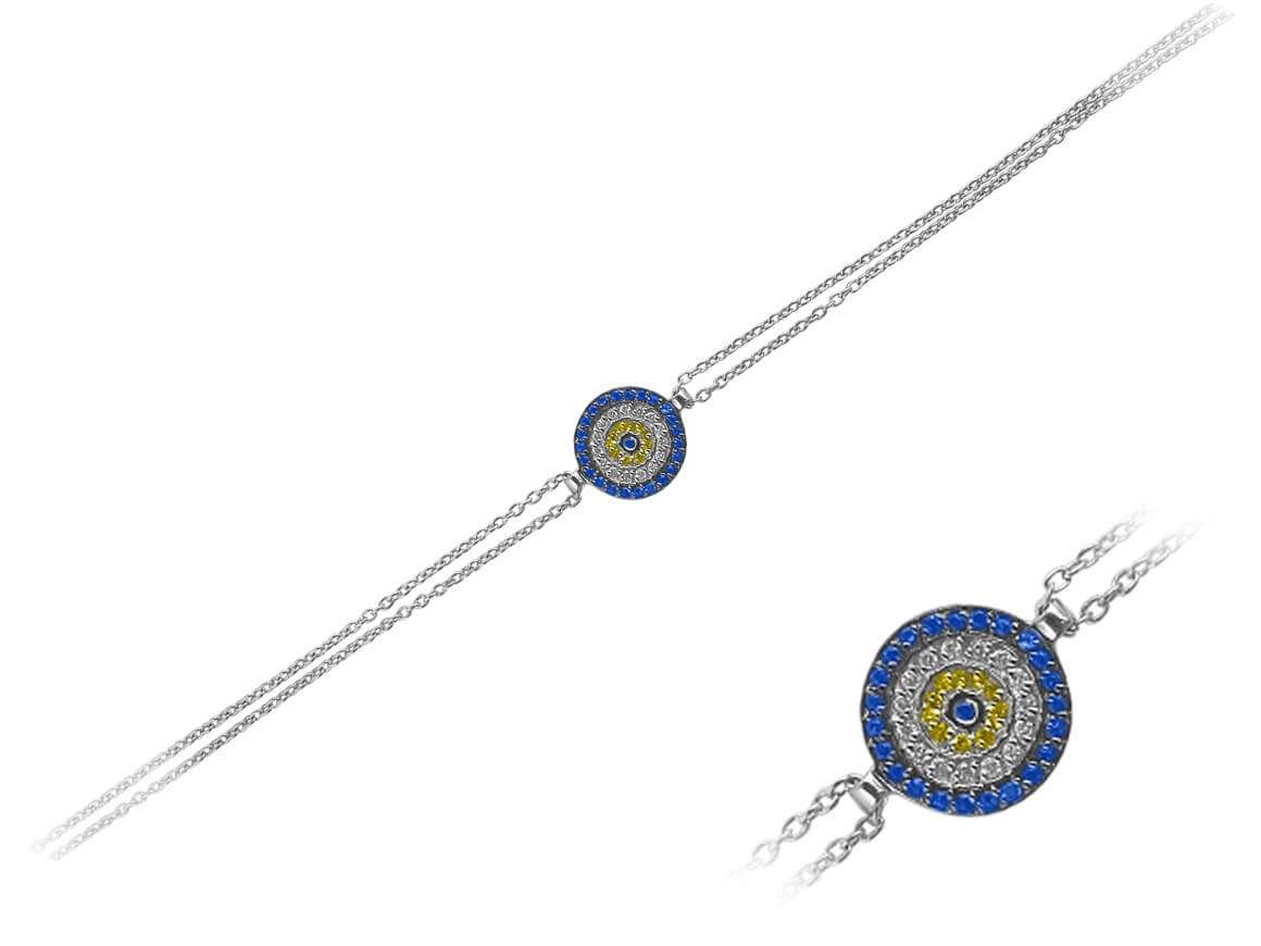 Diamond and sapphire eye-blue motif bracelet in 14 carat white gold
