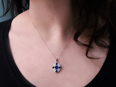 Diamond and sapphire necklace in 14 K white gold