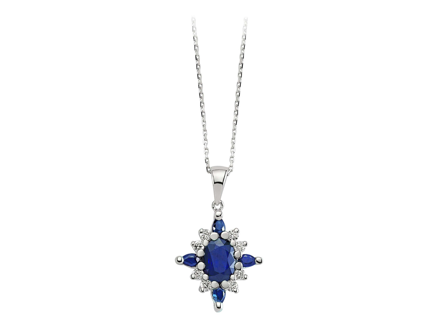 0.18 carat diamond and sapphire necklace in 333 8 carat white gold