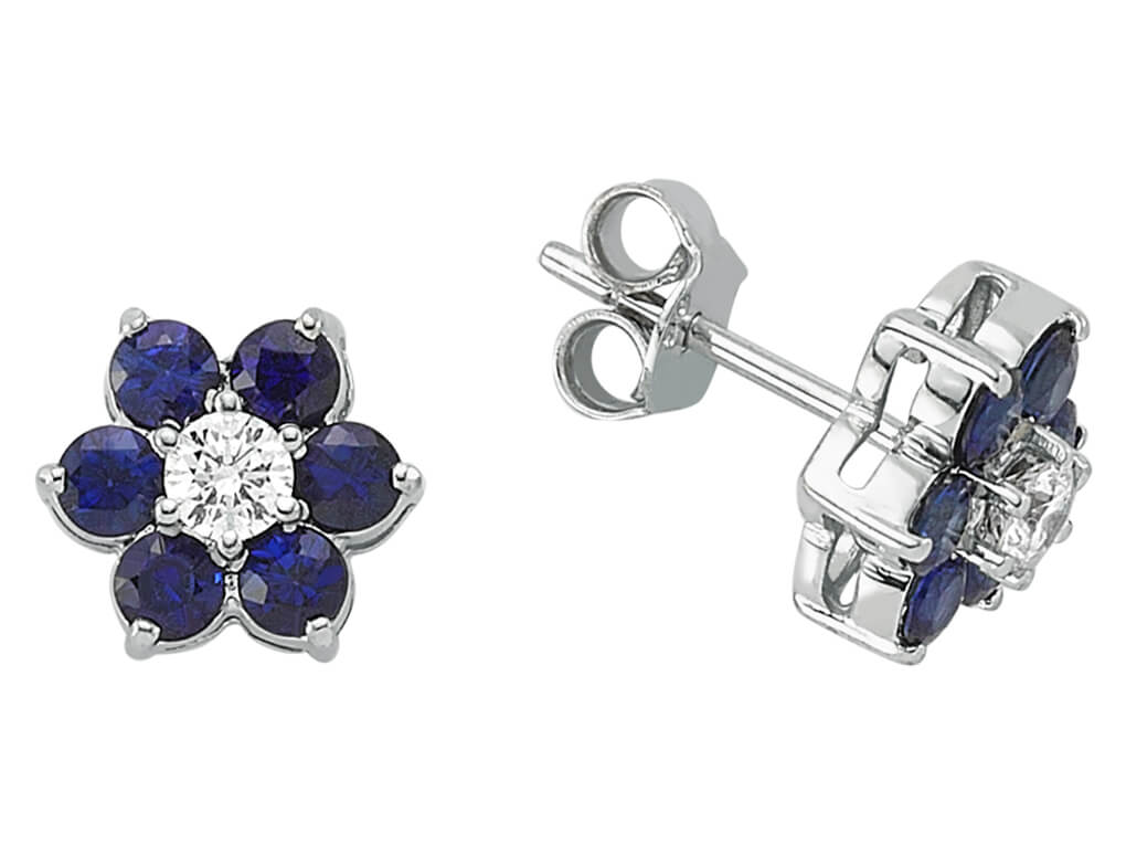 Diamant und Saphir Gänseblümchen Ohrringe - handgefertigter Diamantschmuck aus Feingold | Sirius Diamant