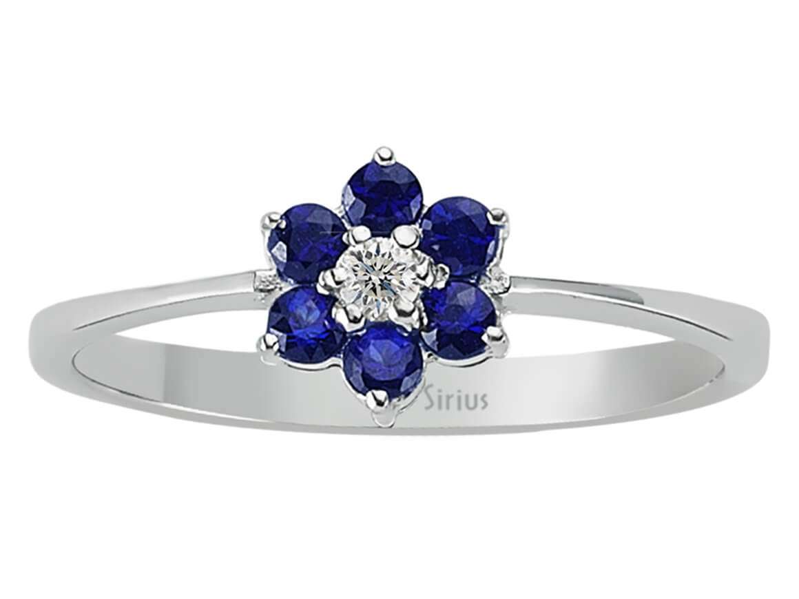 Diamant und Saphir Gänseblümchen Ring in 333er 8 Karat Weißgold - handgefertigter Diamantschmuck aus Feingold | Sirius Diamant