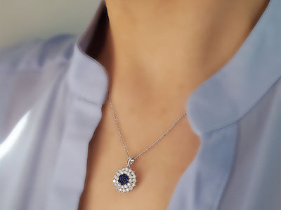 Two-row diamond and sapphire necklace in 14-carat white gold