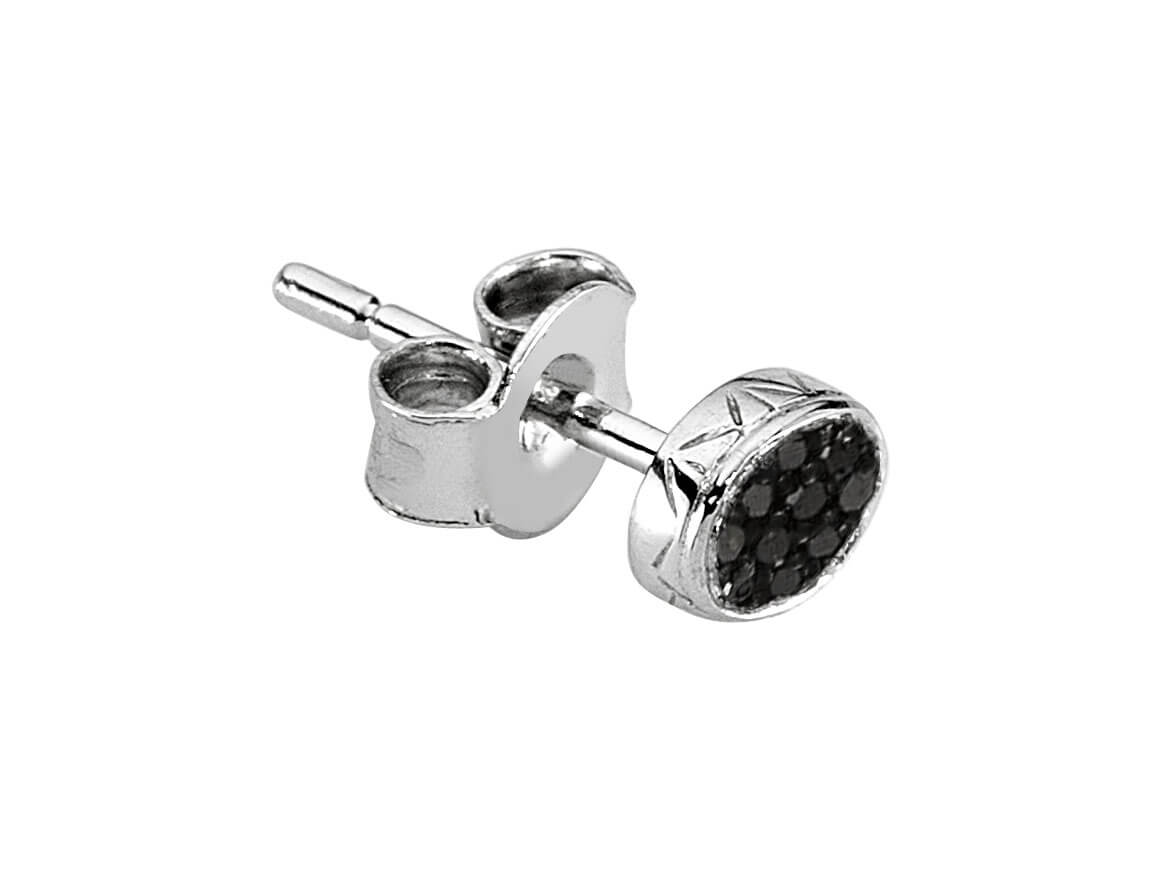 Oval black diamond men's stud earrings in 14 K white gold