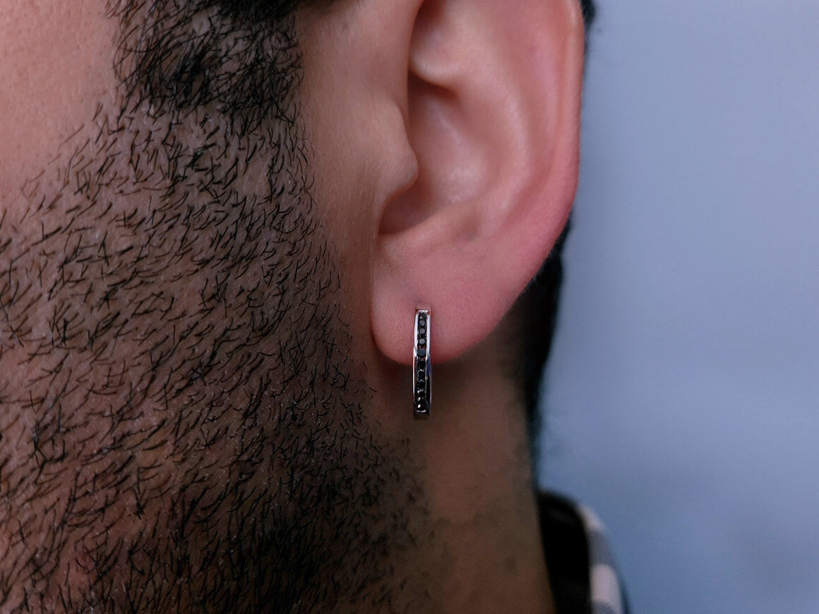 0.12 carat black diamond men's hoop earrings in 8K white gold