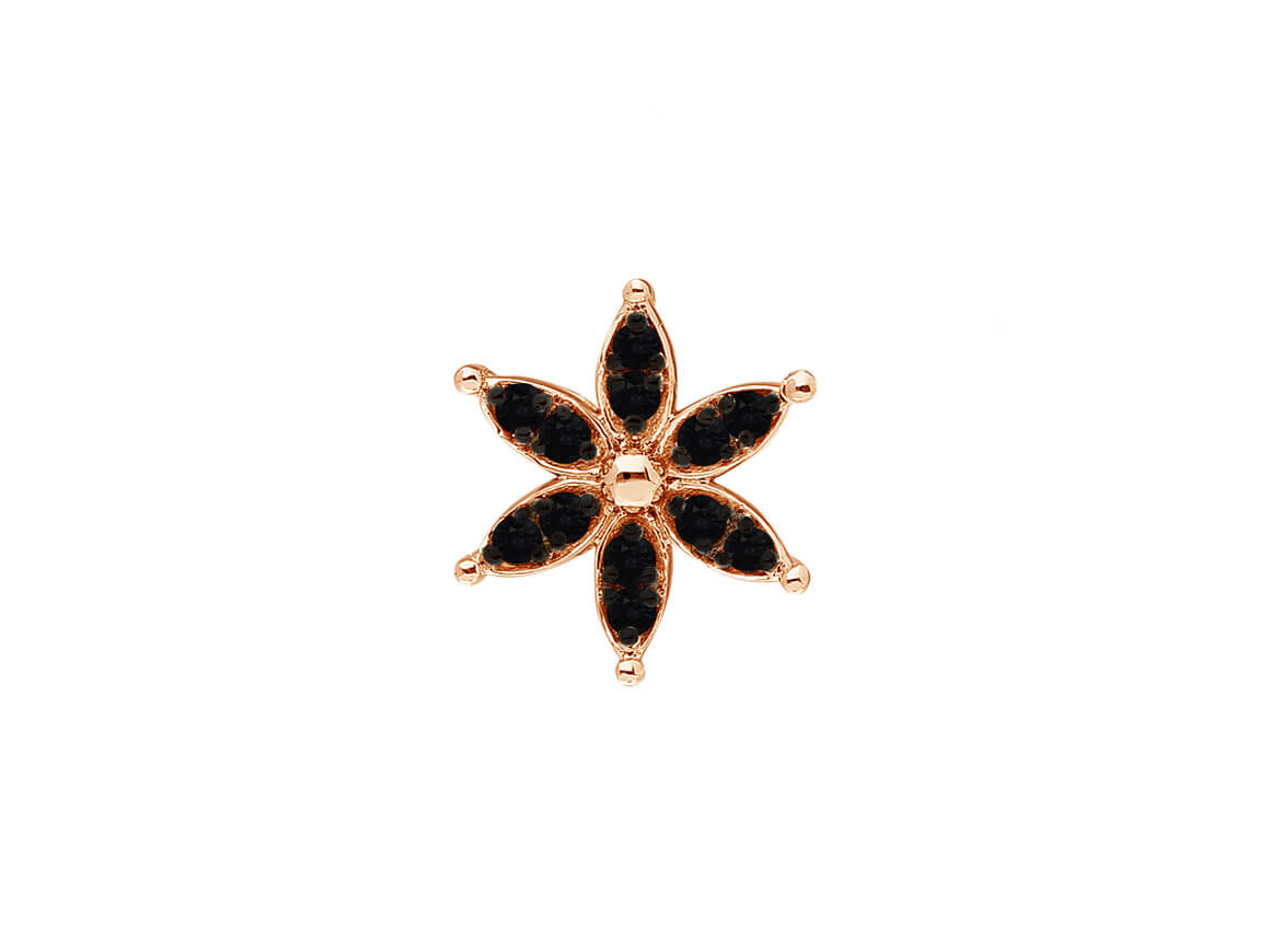 Black diamond crocus flower men's earring in 14 K rose gold 