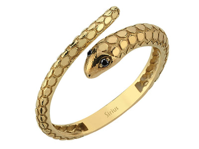 Snake motif ring with black diamond in yellow gold