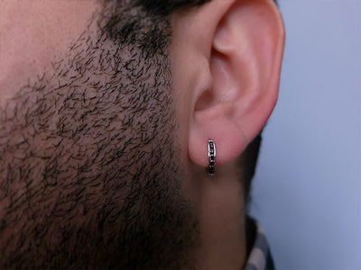 0.13 ct. Black diamond men's hoop earrings in 333 8K white gold