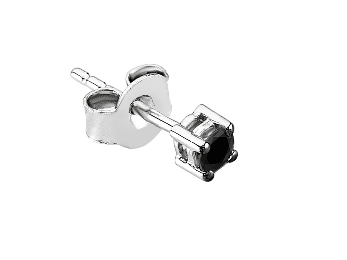 0.12 carat black diamond solitaire men's earring in 14K white gold