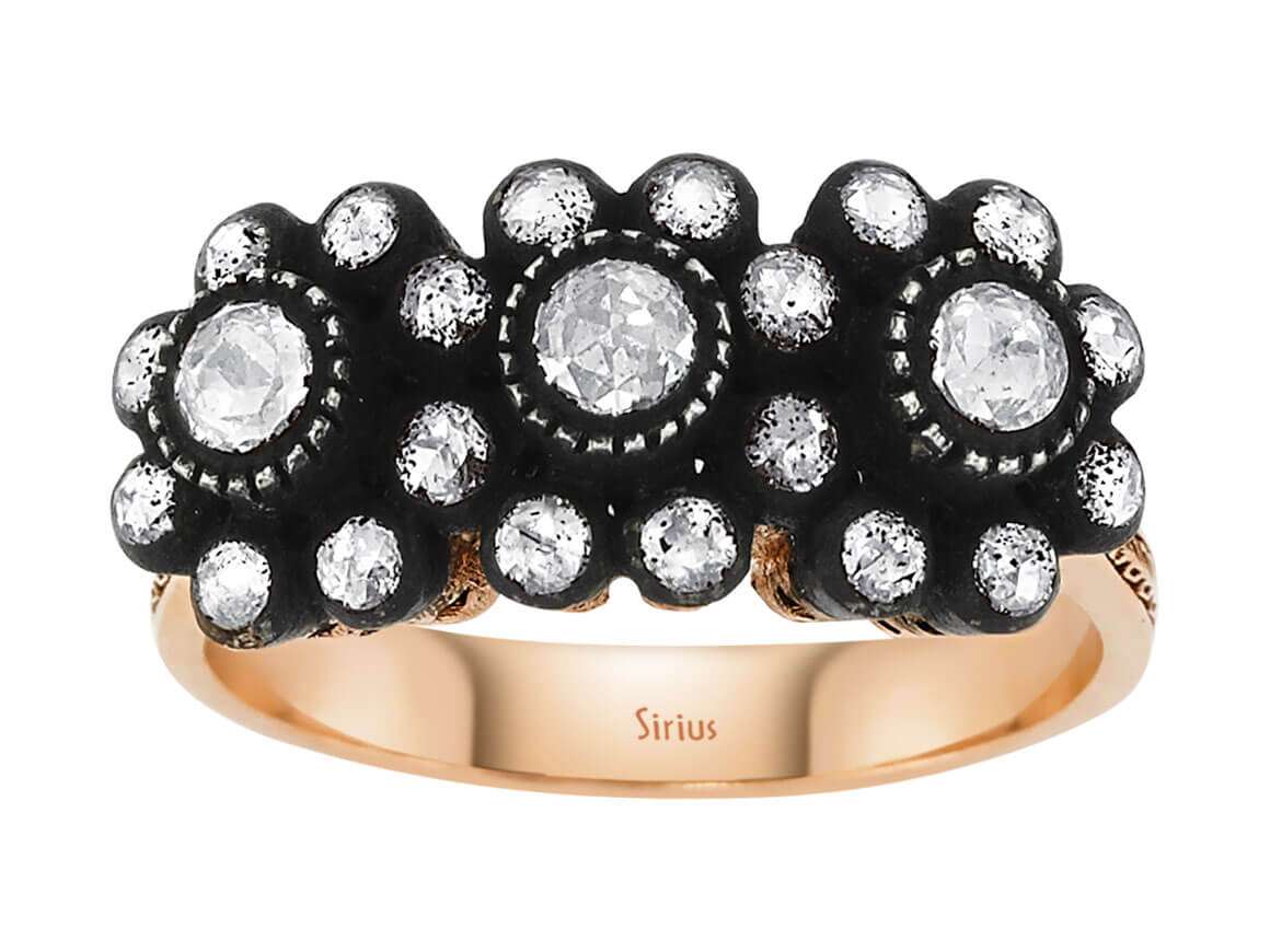 Diamantblumenring mit Reihen - handgefertigter Diamantschmuck aus Feingold | Sirius Diamant