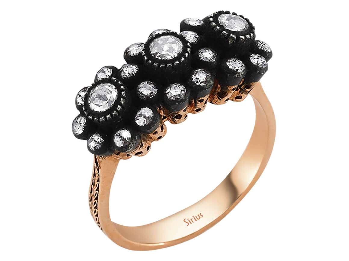 Diamantblumenring mit Reihen - handgefertigter Diamantschmuck aus Feingold | Sirius Diamant