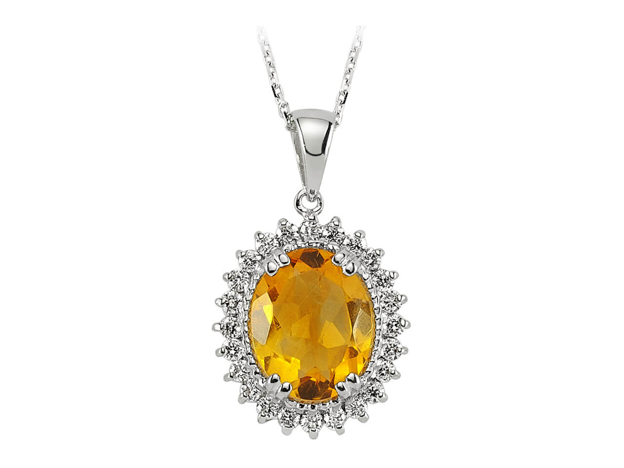 Diamond and oval citrine necklace in 14-carat white gold