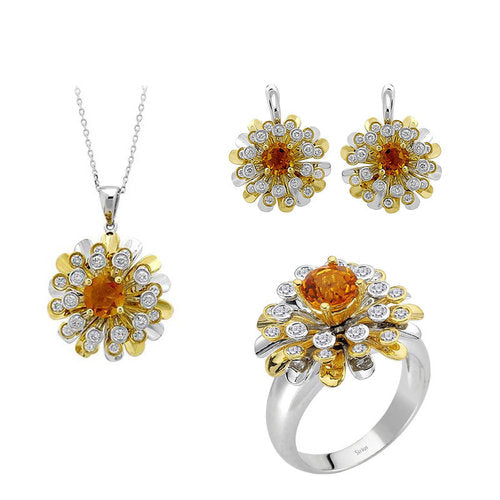 Diamant & Citrin Schmuckset aus 585er Gelbgold und Weißgold