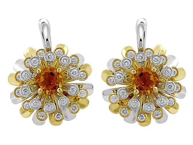Diamond and citrine earrings in 14 K white gold