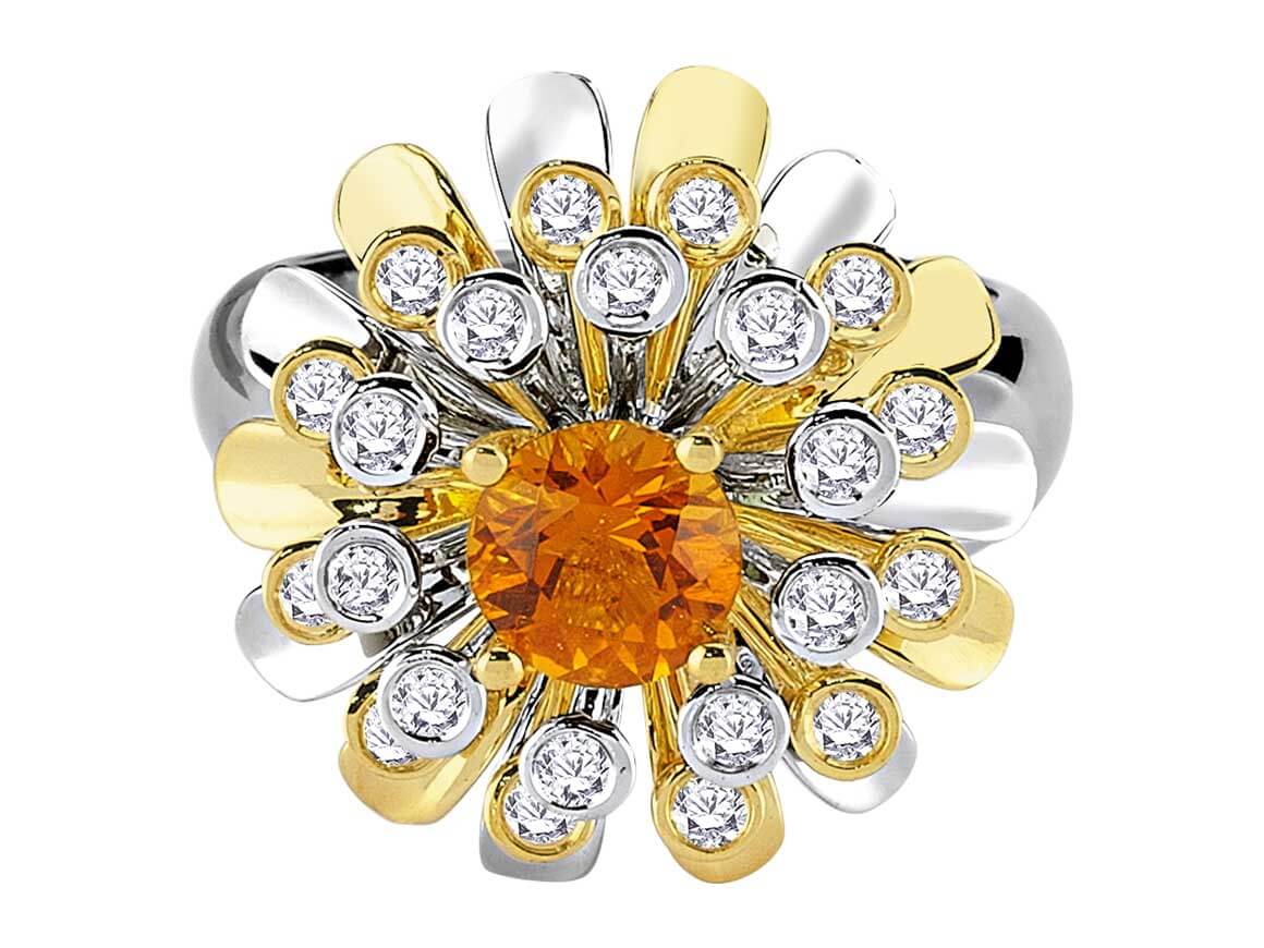 Diamond and citrine ring in 14 carat 585 yellow and white gold
