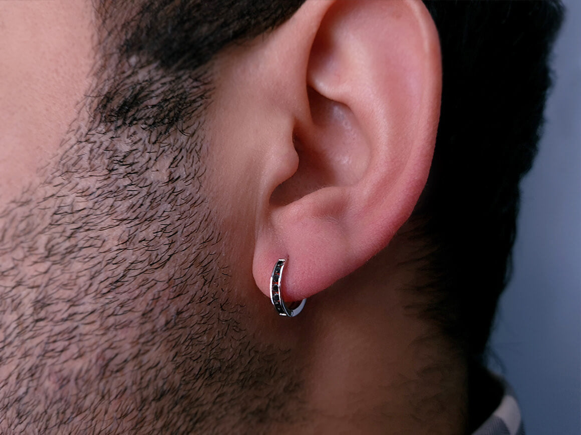 0.13 ct. Black diamond men's hoop earrings in 333 8K white gold
