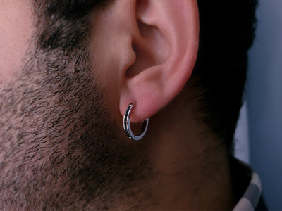 0.12 carat black diamond men's hoop earrings in 8K white gold
