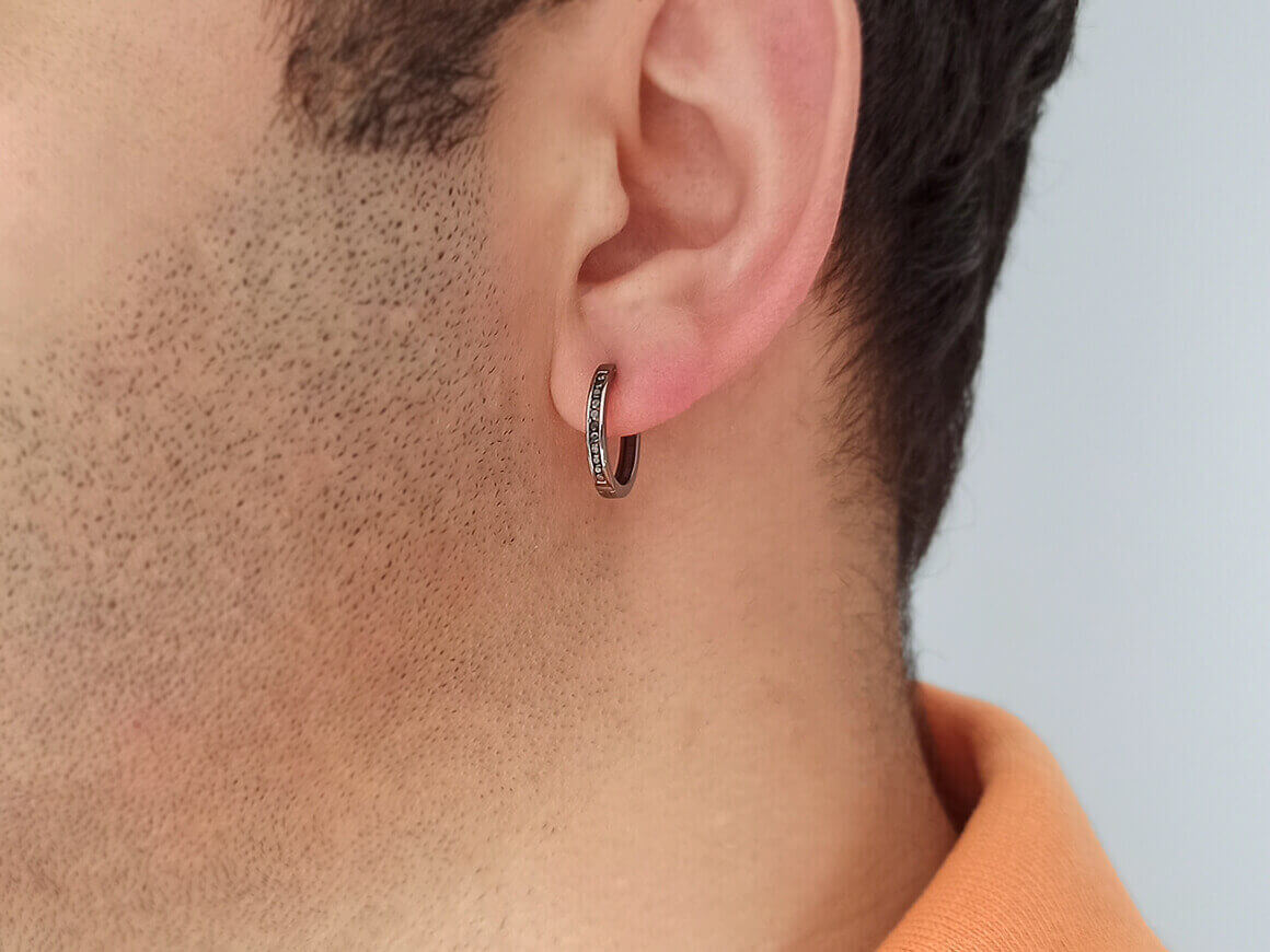0.12 total carat black diamond men's earrings in 8K white gold