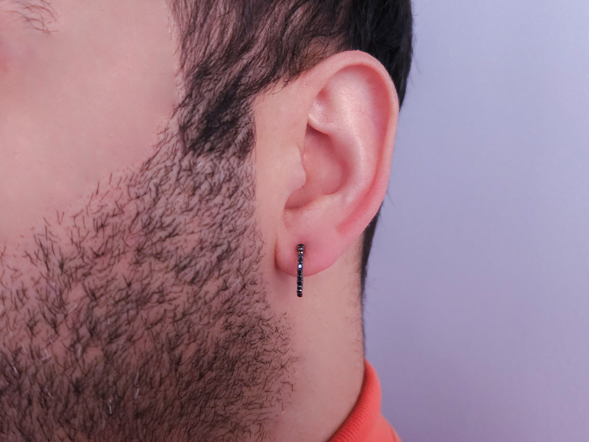 0.18 carat black diamond men's hoop earrings in 585 14 K white gold 