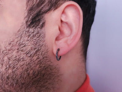 0.18 carat black diamond men's hoop earrings in 585 14 K white gold 