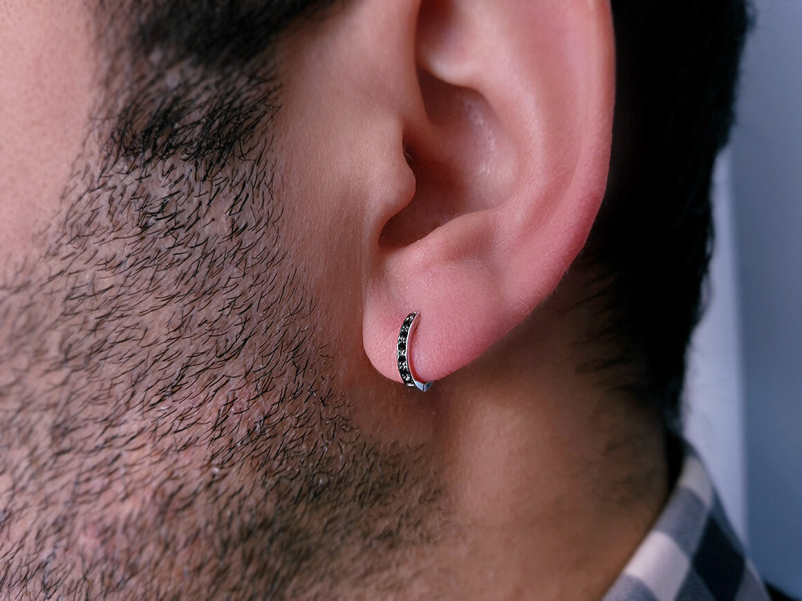 0.06 carat black diamond hoop men's earring in 333 8 K white gold
