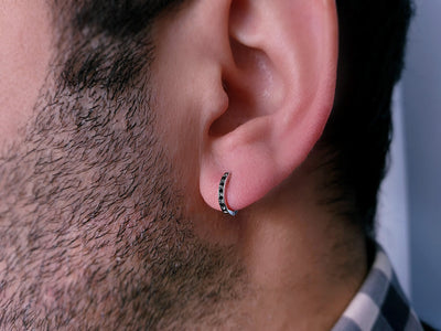 0.06 carat black diamond hoop men's earring in 333 8 K white gold