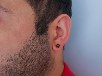 Black diamond crocus flower men's earring in 14 K rose gold 