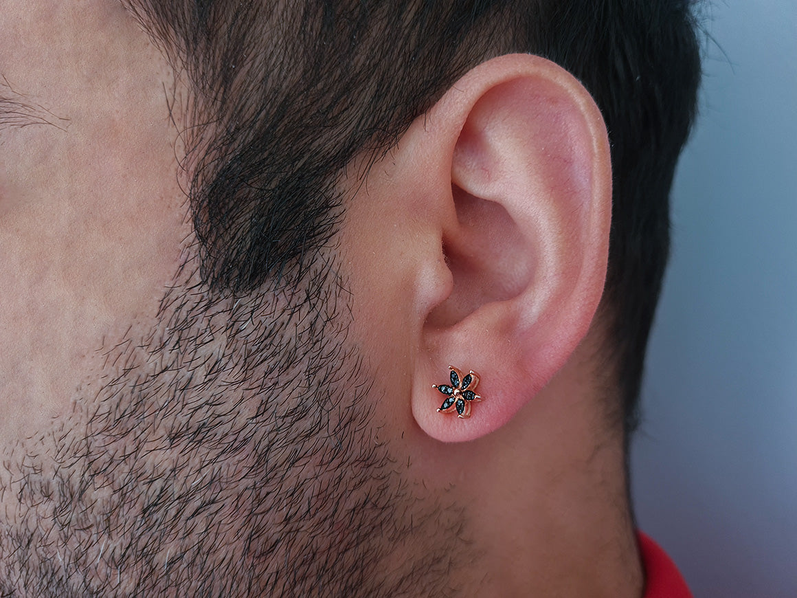 Black diamond crocus flower men's earring in 14 K rose gold 