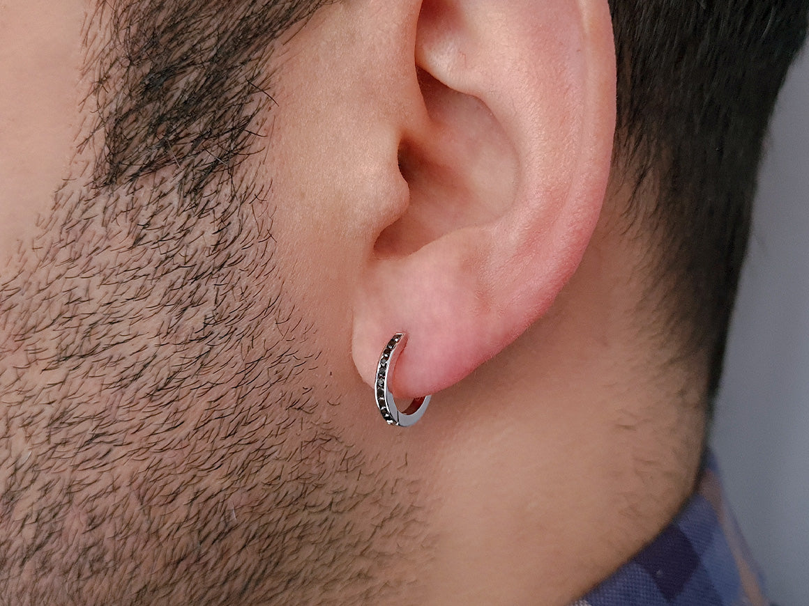 0.15 total carat black diamond men's hoop earrings in 14K white gold