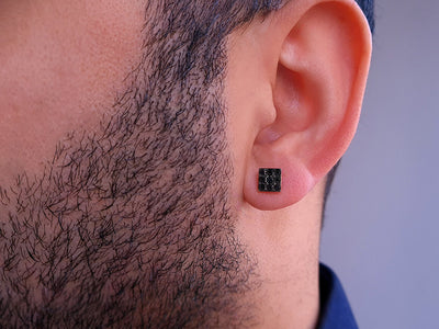 Black diamond square men's earring in 14K white gold