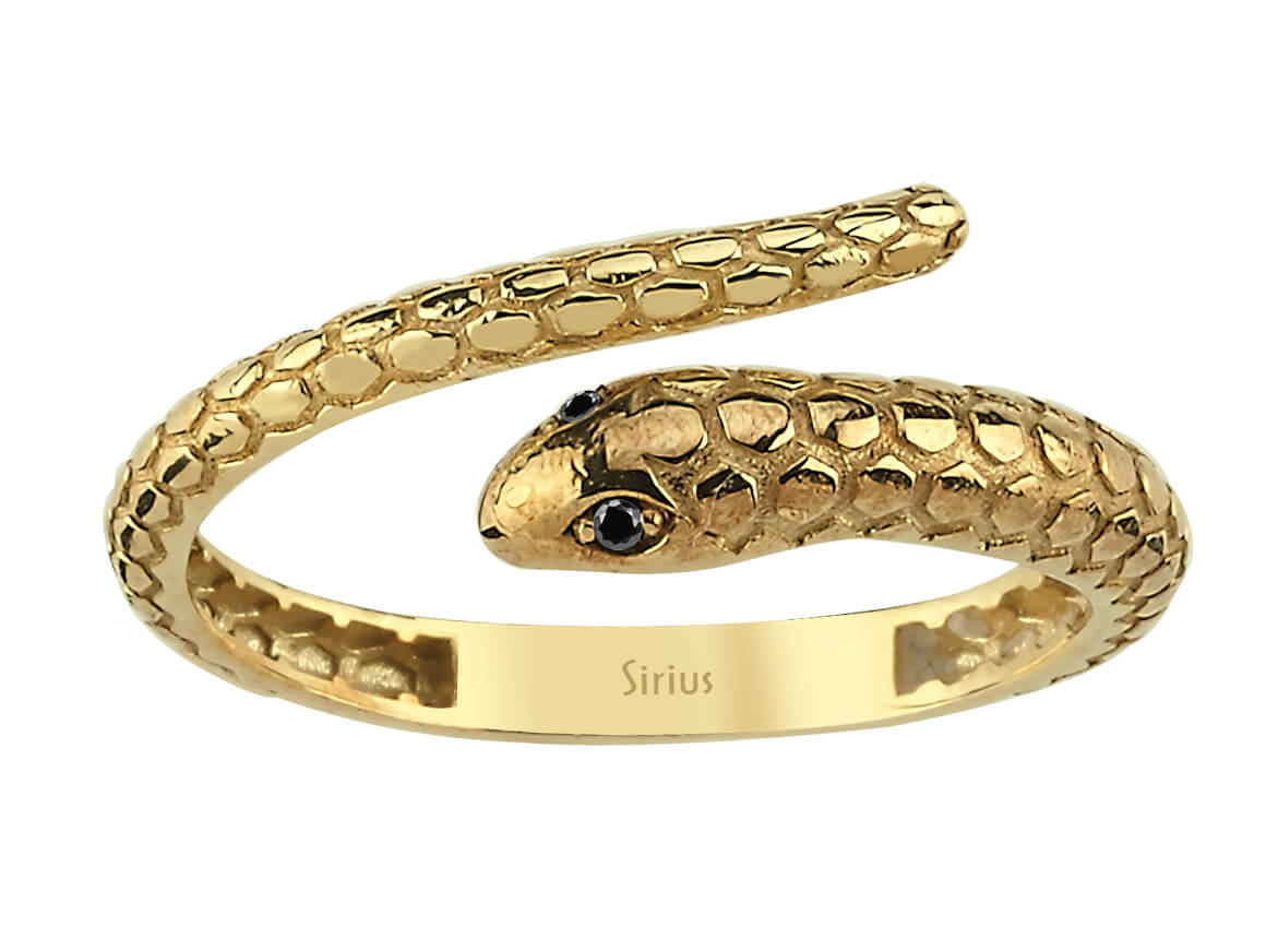 Snake motif ring with black diamond in yellow gold