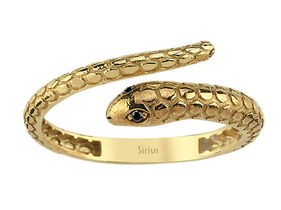 Snake motif ring with black diamond in yellow gold
