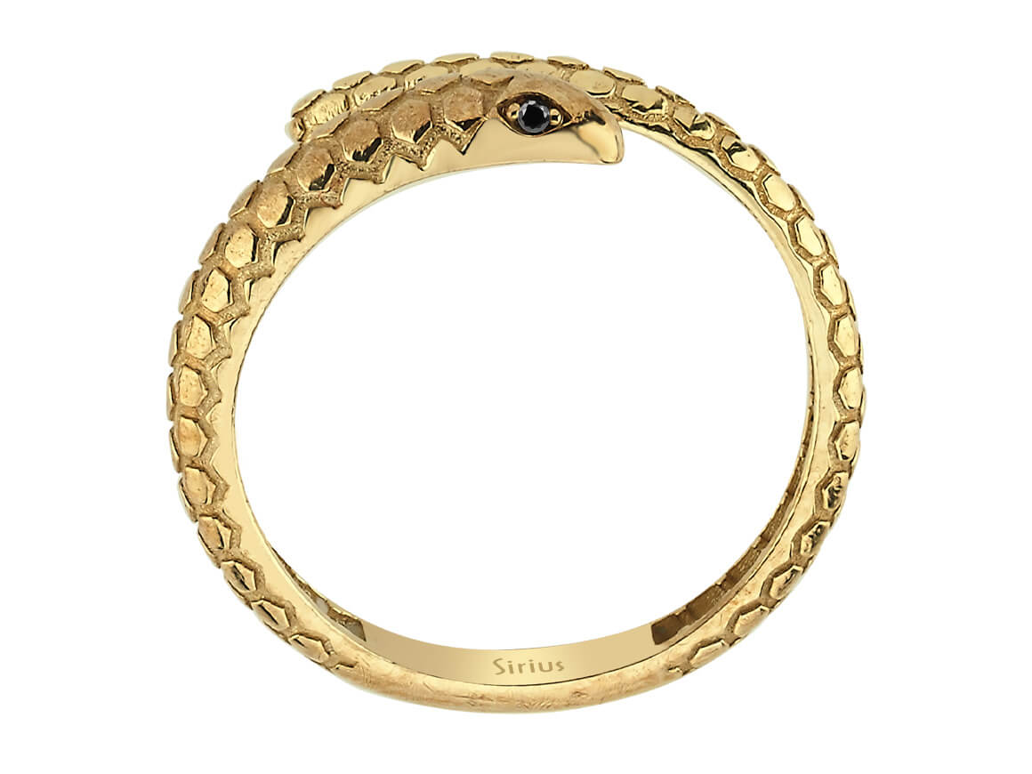 Snake motif ring with black diamond in yellow gold