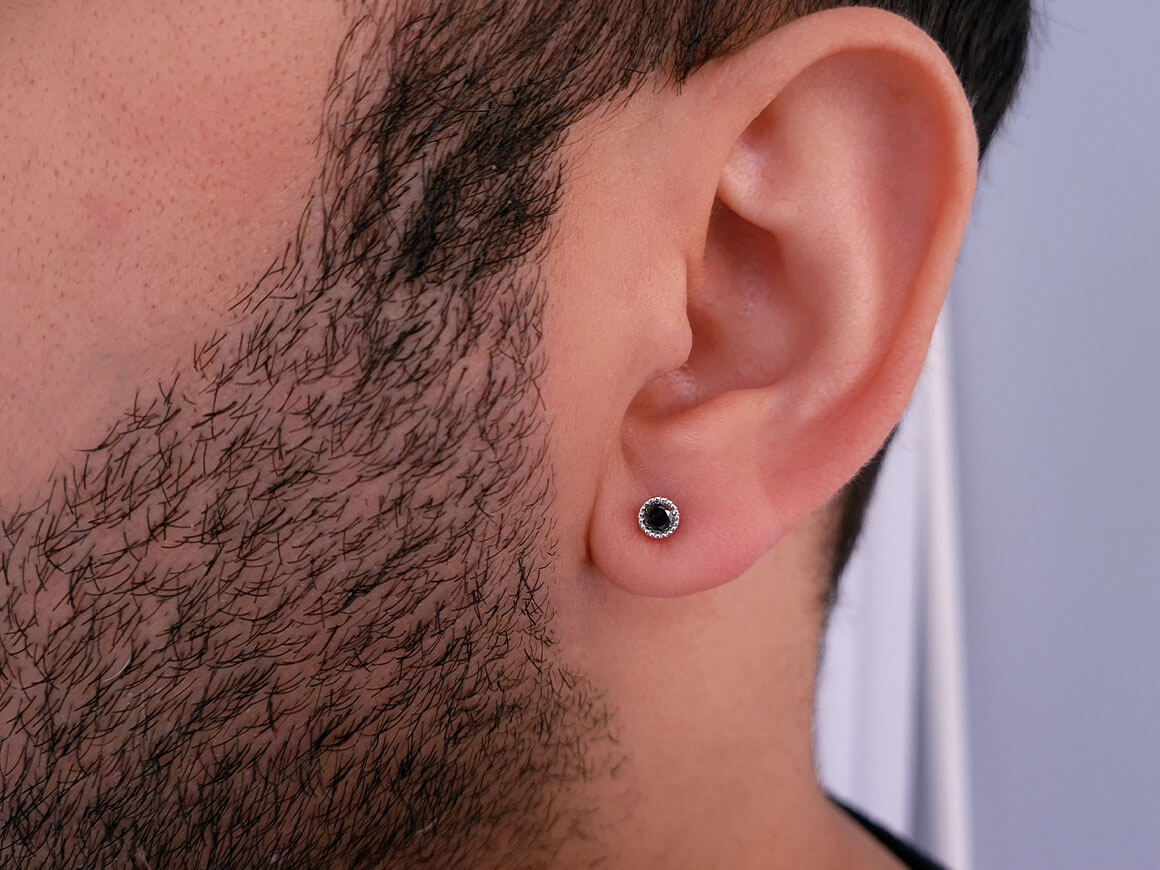 0.16 Carat Black Diamond Solitaire Men's Earring in 14 K White Gold