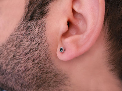 0.16 Carat Black Diamond Solitaire Men's Earring in 14 K White Gold