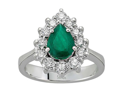 Diamond and drop emerald ring in 14 K white gold