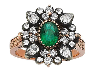 Diamond Emerald Rose-Cut Diamond Ring in 8 Carat Red Gold
