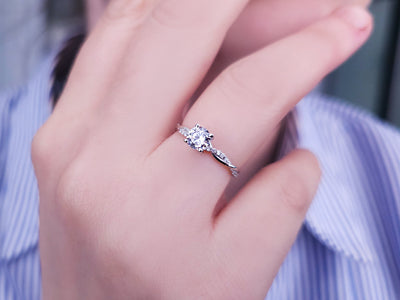 Twisted Diamond and White Topaz Solitaire Ring in 14k White Gold