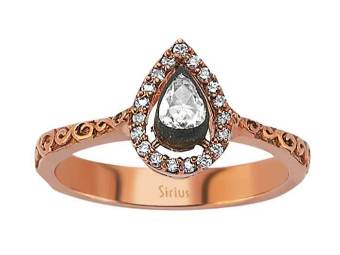 Drop rose-cut diamond ring in 8-carat red gold