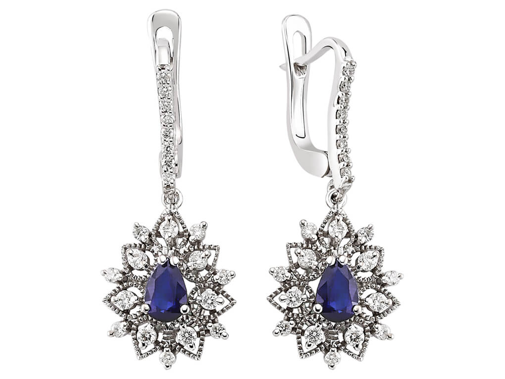 Diamant und Tropfen Saphir Ohrhänger - handgefertigter Diamantschmuck aus Feingold | Sirius Diamant