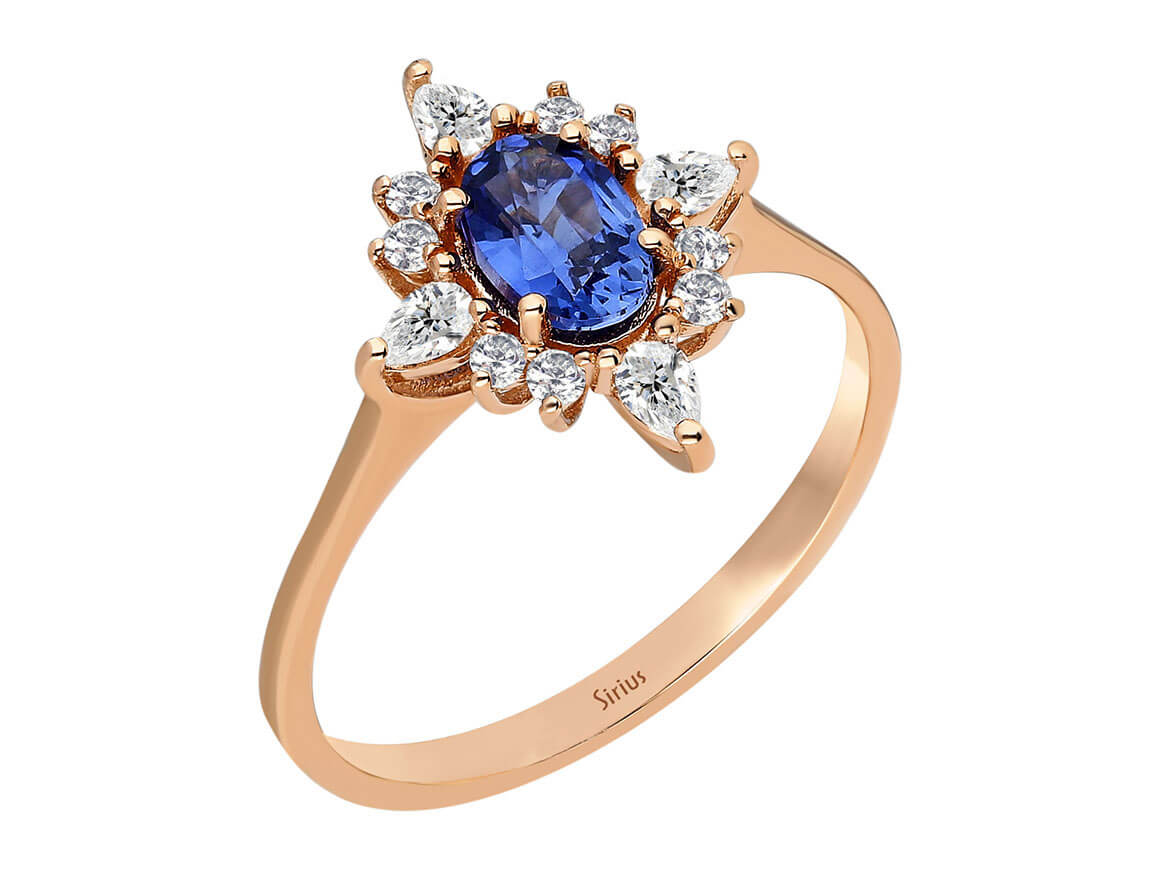 Tropfen Diamant und Oval Saphir Spica Stern Ring - handgefertigter Diamantschmuck aus Feingold | Sirius Diamant