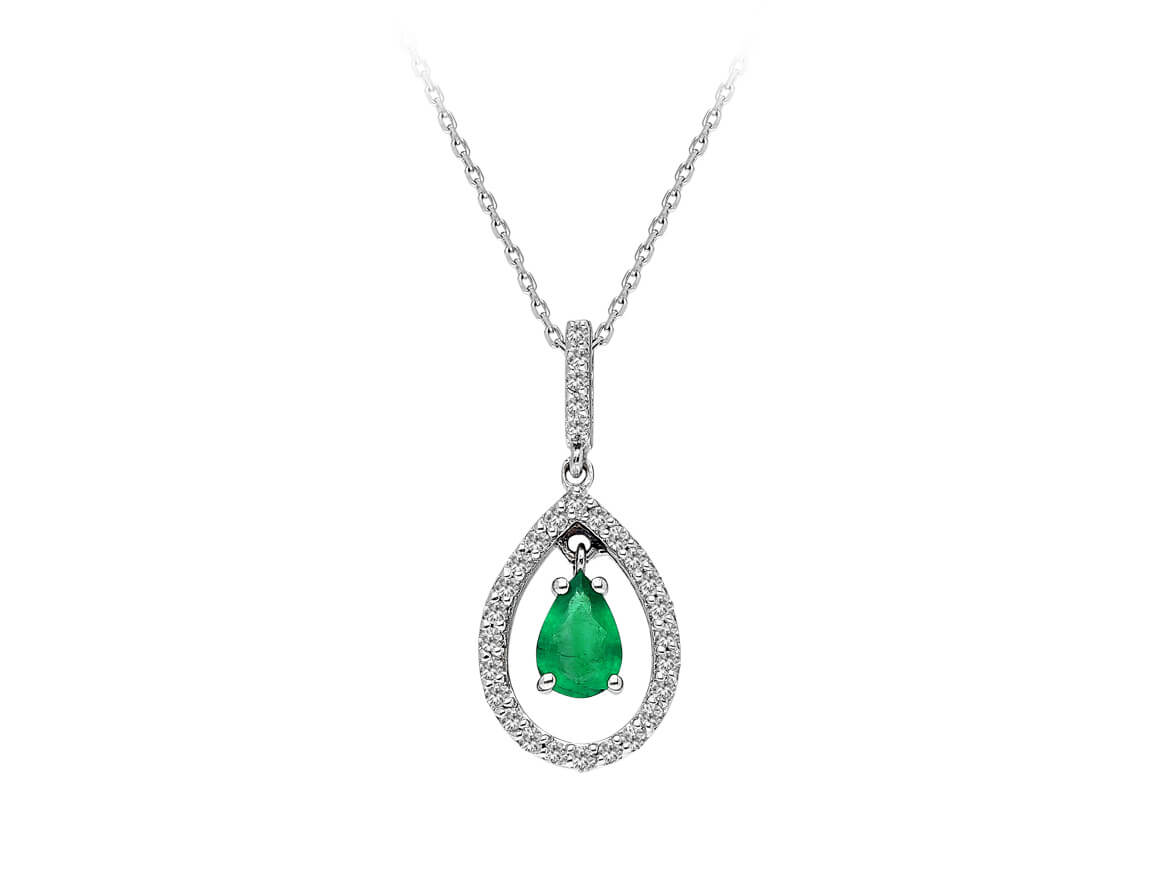 Diamond and drop emerald necklace in 333 8 carat white gold