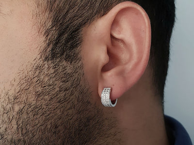 Boucles d'oreilles pour homme en or blanc 14 carats, diamants à trois rangs, 0,40 carat au total