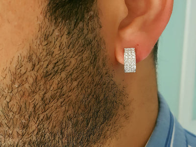 Boucles d'oreilles pour homme en or blanc 14 carats, diamants à trois rangs, 0,40 carat au total