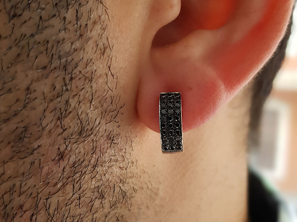 Boucles d'oreilles créoles pour homme en or blanc 585 14 carats avec diamant noir total de 0,27 carat