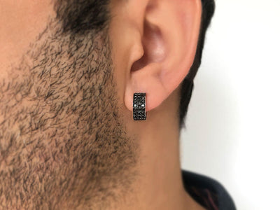 0.43 Carat Three Row Black Diamond Hoop Men's Earrings in 14K White Gold